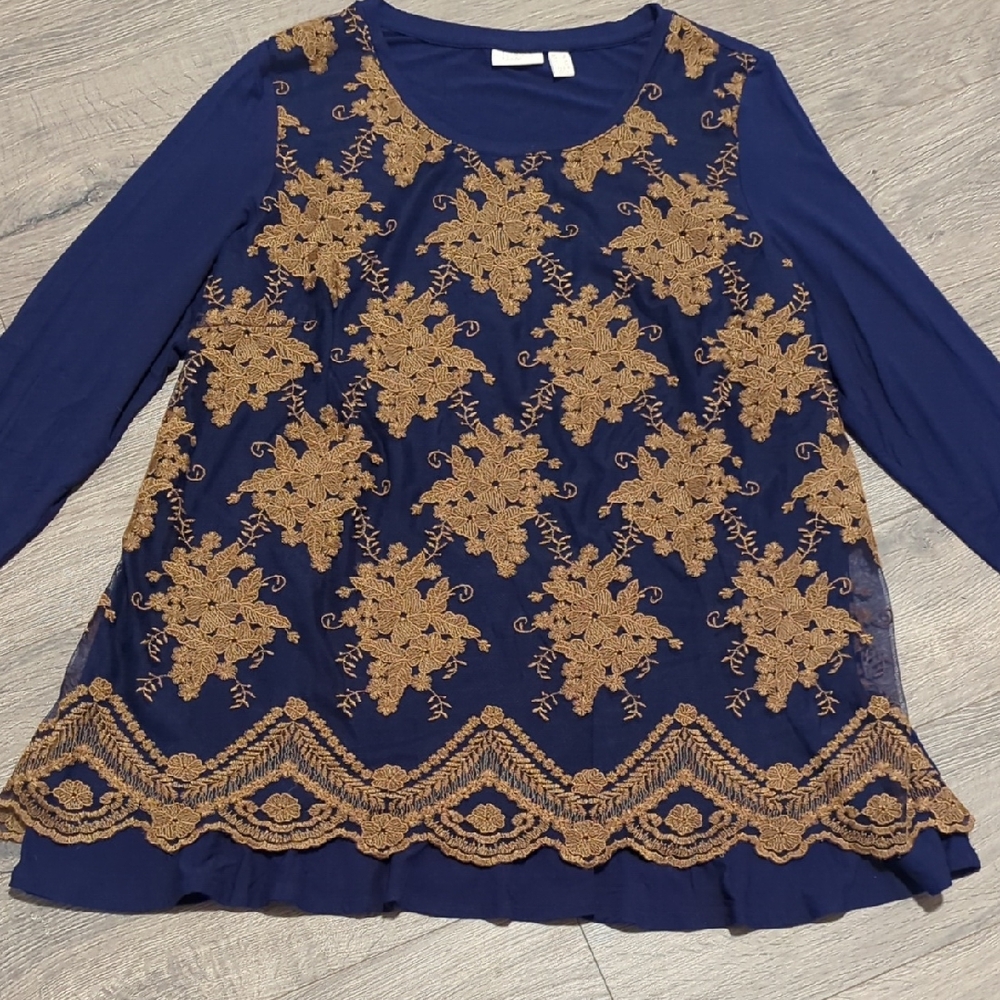 LOGO Lavish Floral Embroidered Overlay Tunic Top
